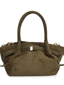 Retro olive green suede tote bag with double handles and gold metal buckle for women