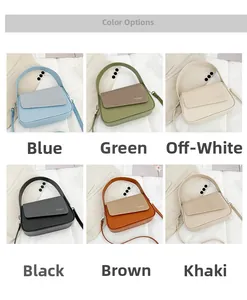 Grille de sacs à main carrés en bleu, vert, crème, noir, marron et kaki, vue d'ensemble