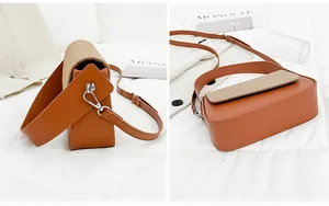 Détail du sac bandoulière carré marron avec rabat tissé et finition en cuir lisse élégant