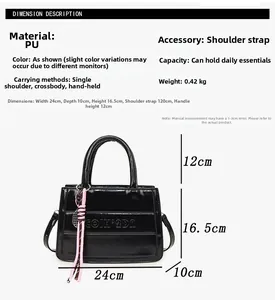 Detail view of black glossy PU tote bag showing dimensions and embossed texture