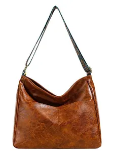 Braune Hobo-Beuteltasche mit großer Kapazität, Vintage-Lederstruktur und buntem Gurt