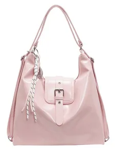 Pink glossy faux leather Hobo shoulder bag with decorative belt buckle and woven charms