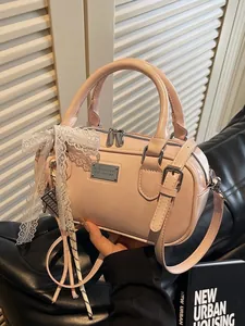 Vintage PU Leather Bowling Bag For Women Fashion Small Square Handbag With Lace Bow Charm Adjustable Crossbody Shoulder Bag