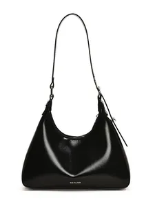 Minimalist black crescent hobo bag with NO FILTER print and adjustable shoulder strap