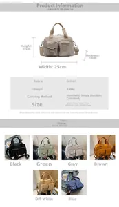 Detailed size specifications for a multi-pocket crossbody bag with six color options