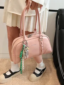 Pink PU leather Boston shoulder bag with teddy bear pendant and contrast rope detail