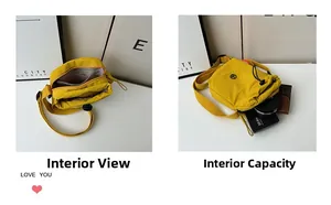 Detalle interior del bolso amarillo para móvil con compartimento y bolsillo con cremallera