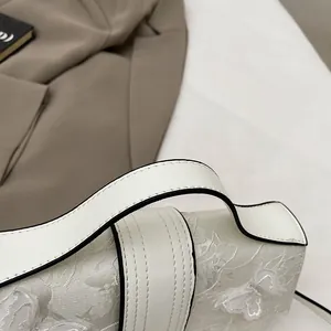 Close-up of white handbag featuring delicate floral embroidery lace and premium leather handle