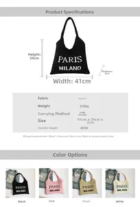 Gedetailleerde afmetingen van de gebreide shopper met Paris Milano-print op de stof