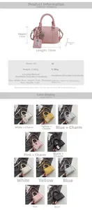 Detailed view of women's mini Boston bag dimensions and five chic color options