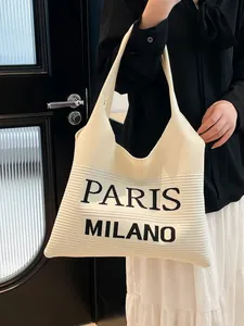Dames Casual Gebreide Tote Bag Grote Capaciteit Letterpatroon Paris Milano Zachte Gebreide Schoudertas Urban Woon-werkverkeer Handtas