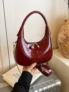 French Niche Women High Gloss Patent Leather Crescent Hobo Bag Metal Ball Decoration Chain Shoulder Crossbody Bag Handbag