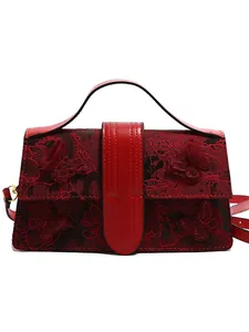 Elegant red square handbag with floral lace embroidery and butterfly details for women