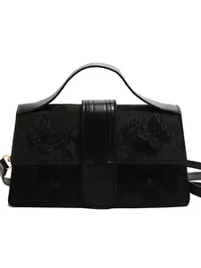 Elegant black square handbag with 3D butterfly floral lace and detachable strap
