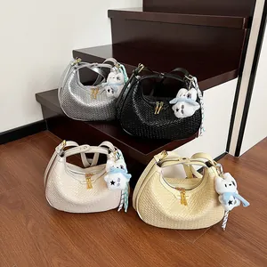 Chic woven crescent hobo bag for women with cute bear charm in four elegant colors
