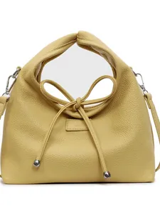 Minimalist yellow leather handbag with bow decoration and detachable shoulder strap