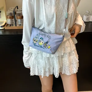 Detail of lavender fabric crossbody bag with cute cat embroidery and zipper closure