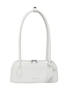Glossy white patent leather bowling bag with long handles and top silver zippers