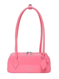 Hot pink patent leather bowling bag with silver lettering and adjustable straps