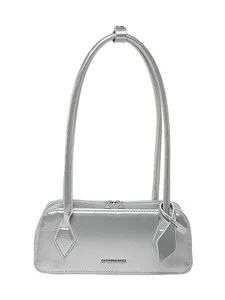 Silver metallic mirror bowling handbag with long handles and fashion text detail