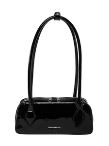 Glossy black patent leather bowling bag with top handles and fashion logo print