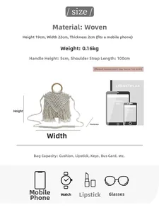 Size guide for woven bohemian tote bag showing detailed dimensions and capacity icons