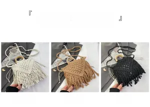 Close-up of Bohemian woven cotton bags in beige, khaki, and black with wooden handles