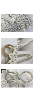 Detail view of woven cotton rope texture with wooden handle and fringe on bohemian bag