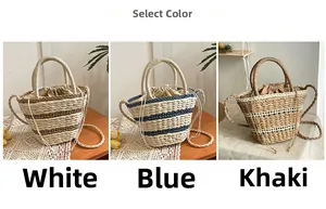Detailed view of woven straw tote bags in white, blue, and khaki with drawstring liners