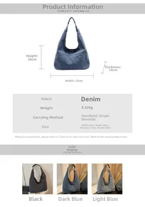 Detailed chart showing denim tote bag dimensions 32x36x14cm and color options