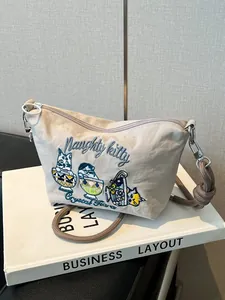 Japanese Sweet Cat Embroidery Shoulder Bag For Women Oxford Cloth Fresh Niche Crossbody Bag Small Square Bag With Rope Strap