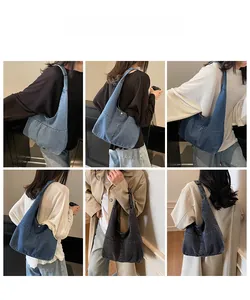 Detail shots showing multiple denim hobo bag colors and large capacity shoulder bag styling