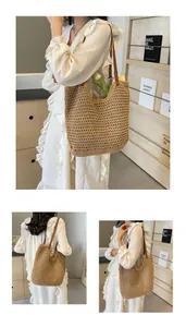 Detail of hand-woven hollow tote bag with brown leather straps and tulip inside