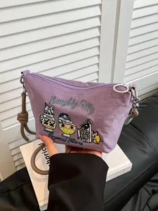 Japanese style purple nylon crossbody bag with cute cat embroidery and rope strap