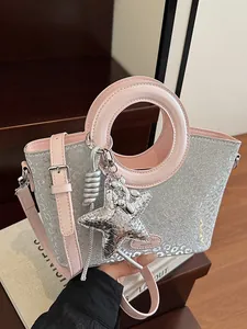 Sac Seau à Paillettes Mode Femme Imprimé Léopard Poignée Ronde Sac à Main Bandoulière Pailleté Cuir PU Pendentif Étoile