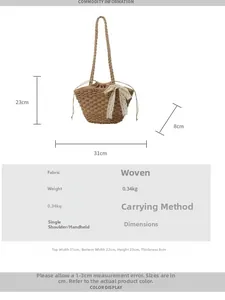 Détails du sac panier en paille avec nœud en dentelle et dimensions : 31x22x23cm