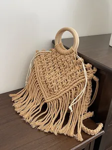 Bohemian Tassel Woven Bag For Women Handwoven Macrame Handbag With Wooden Handle Cotton Rope Crossbody Bag Summer Beach Vacation