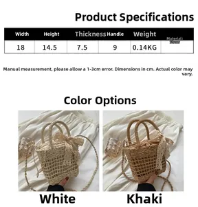 Detailed dimensions of straw handbag with white and khaki options and lace bow detail