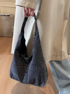 Minimalistische große Denim-Tragetasche in Dunkelgrau für Damen, stilvolle Schultertasche