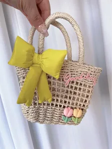 Women's Fresh Floral Woven Straw Handbag Cute Girly Satin Bow Tote Beach Vacation Crossbody Bag With Tulip Decoration