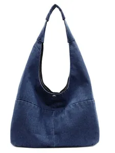 Große dunkelblaue Denim Tote Bag mit Silberknopf-Verschluss für den Alltag