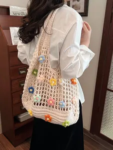 Borsa Tote da Donna a Fiori Fatta a Mano all'Uncinetto Borsa a Tracolla in Maglia Traforata Stile Pastorale Borsa da Spiaggia