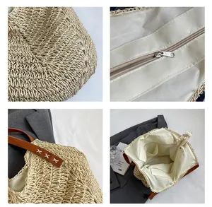 Détails du sac cabas en paille avec bandoulières marron renforcées et doublure avec fermeture