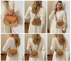 Detailed views of a woven straw saddle bag with brown leather straps and metal U-ring