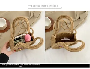 Vue intérieure du mini sac en paille montrant l'espace pour téléphone et maquillage