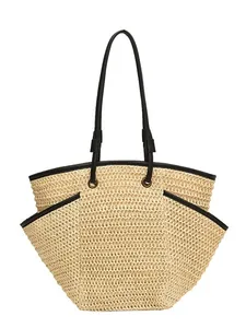 Sac de plage en paille avec anses en cuir noir et poches latérales pour les vacances