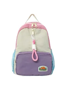 Lightweight color-block nylon backpack featuring pastel cream, pink, and blue panels