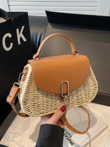Women's Retro Straw Woven Handbag With PU Leather Flap Metal Lock Summer Beach Vacation Casual Crossbody Shoulder Bag