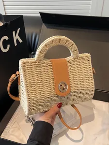 Damen Strohgeflecht Handtasche Umhängetasche Strand Urlaub Tasche Vintage Gewebte Tote Mit Metallschloss Und Lederriemen