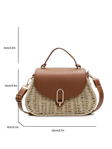 Retro woven straw handbag with brown leather flap and dimensions 22cm by 14cm by 8cm